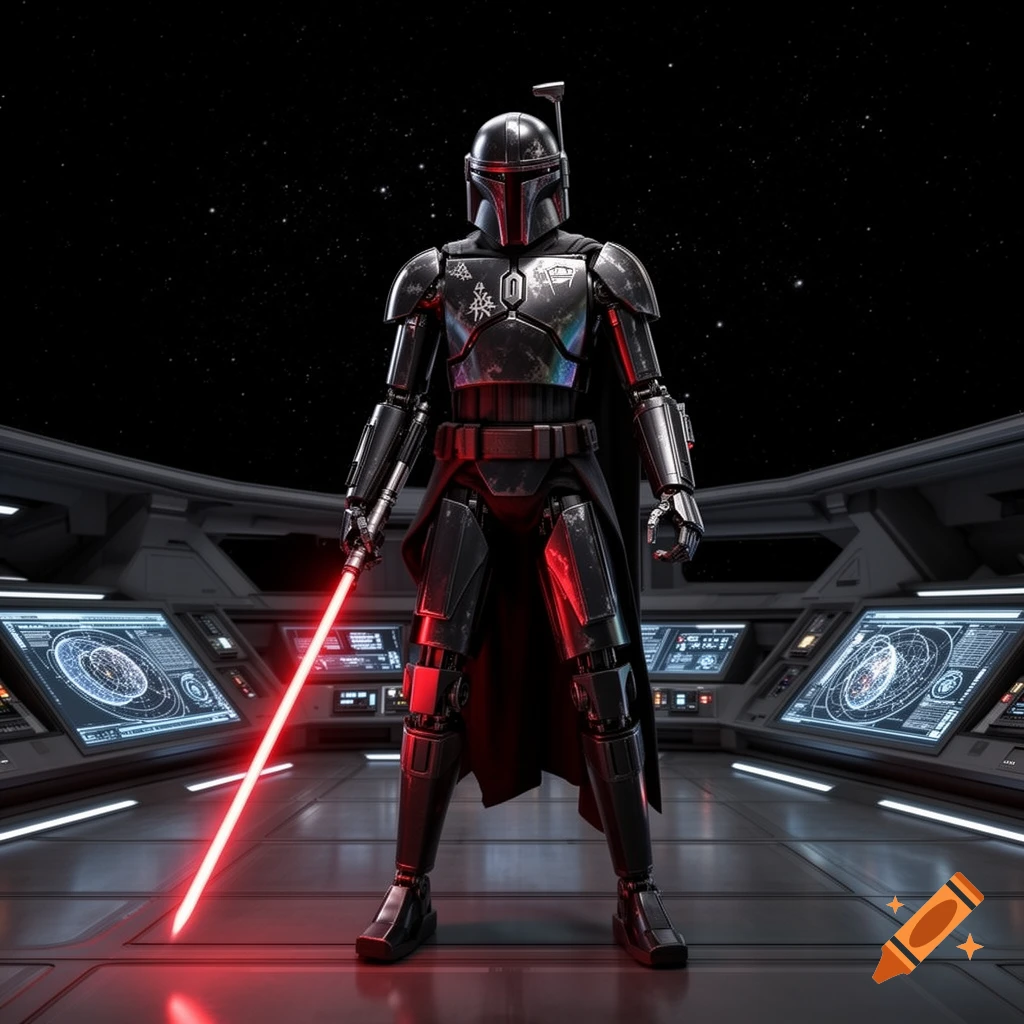 A Mandalorian-like armored figure with a red lightsaber stands on a spaceship bridge in space.
