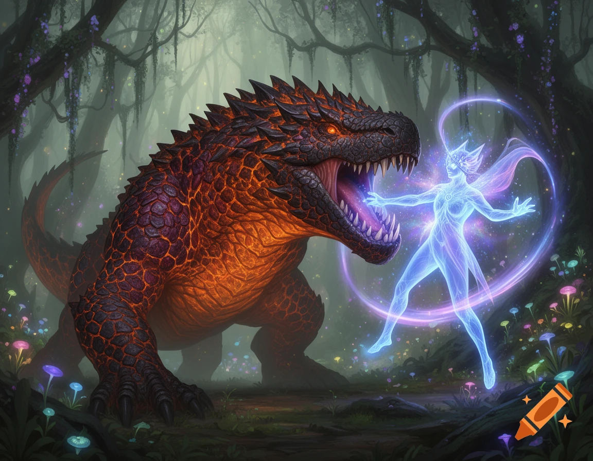 A lava-skinned dragon-like creature with an open mouth confronts a glowing blue fairy in a magical, dark forest with luminescent plants.