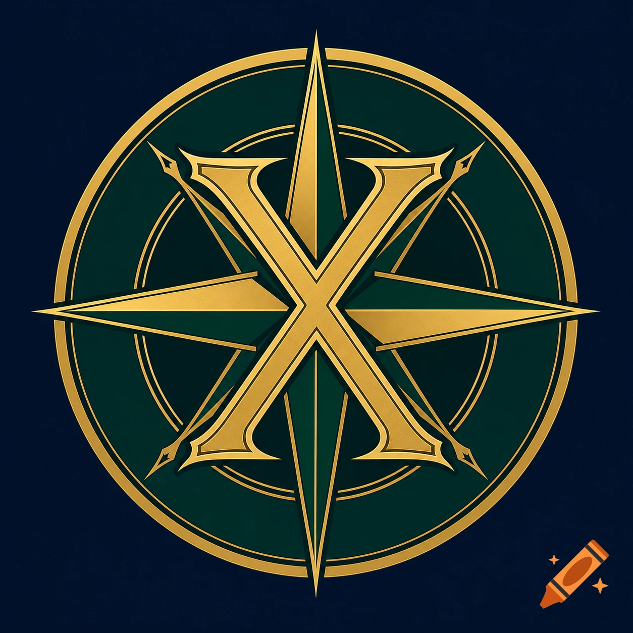 A golden, stylized letter "X" embedded within a green and gold compass rose on a dark blue background.