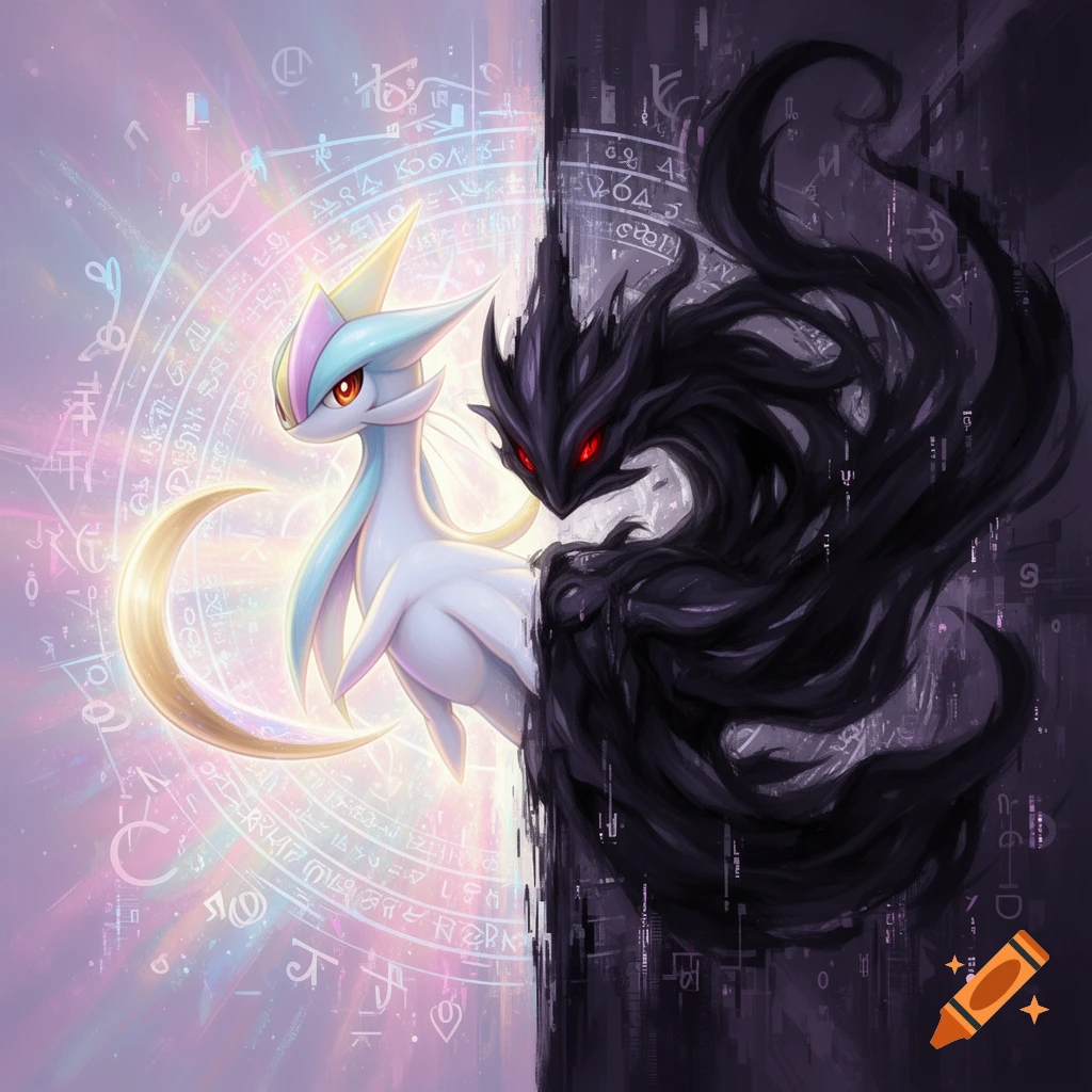 A split image showing the white-and-light-blue Pokemon Cresselia on the left with glowing symbols, and the black, shadowy Pokemon Darkrai on the right with dark digital symbols.
