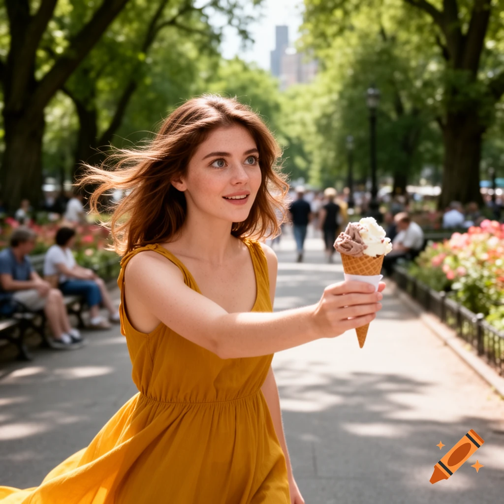 A young woman in a yellow dress walks through a sunny park, holding a two-scoop ice cream cone and looking slightly upward.