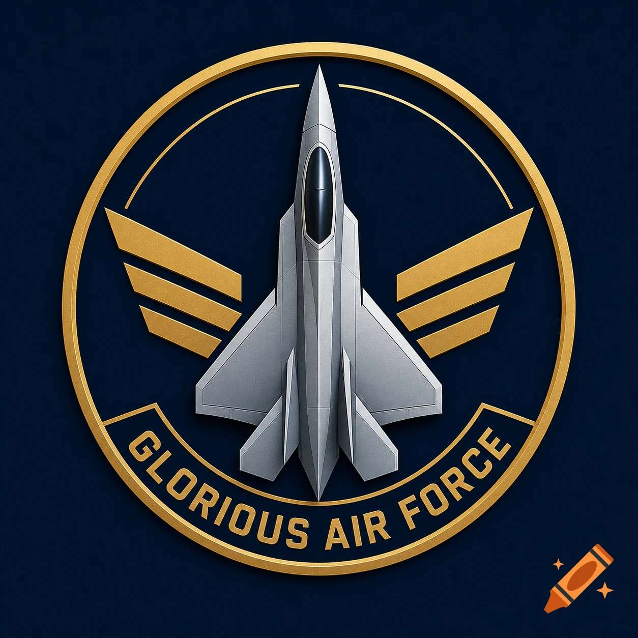 A professional aviation logo with a silver fighter jet in a gold circular emblem with gold wings, text 'Glorious Air Force' at the bottom, on a dark blue background.