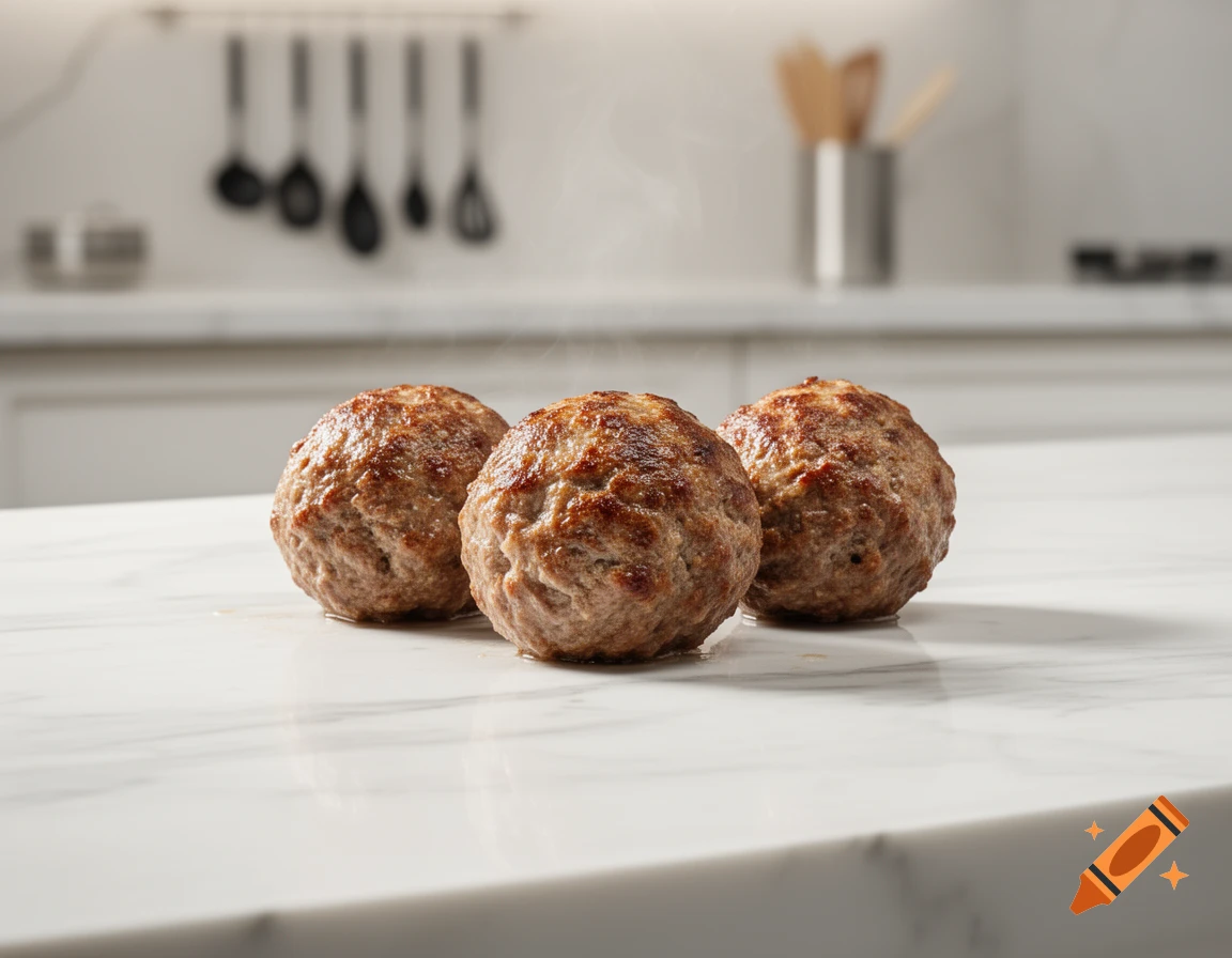 Three cooked, browned meatballs sit on a white marble kitchen counter with blurred utensils in the background.