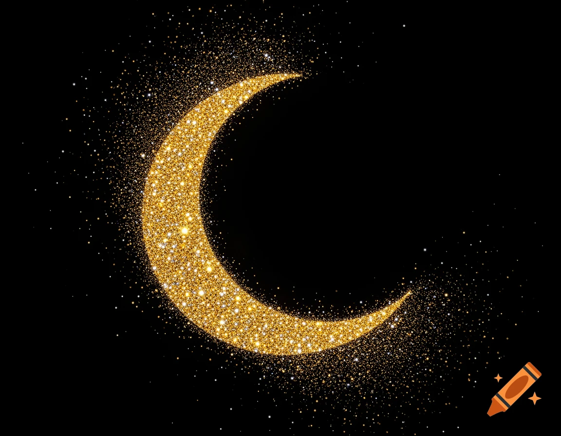 A crescent moon shape composed of shimmering golden glitter against a solid black background.