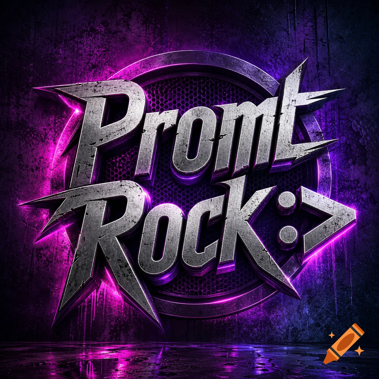 Metallic 'Promt Rock :>' logo with purple neon glow and grunge texture on a dark background, reflecting on a wet surface.