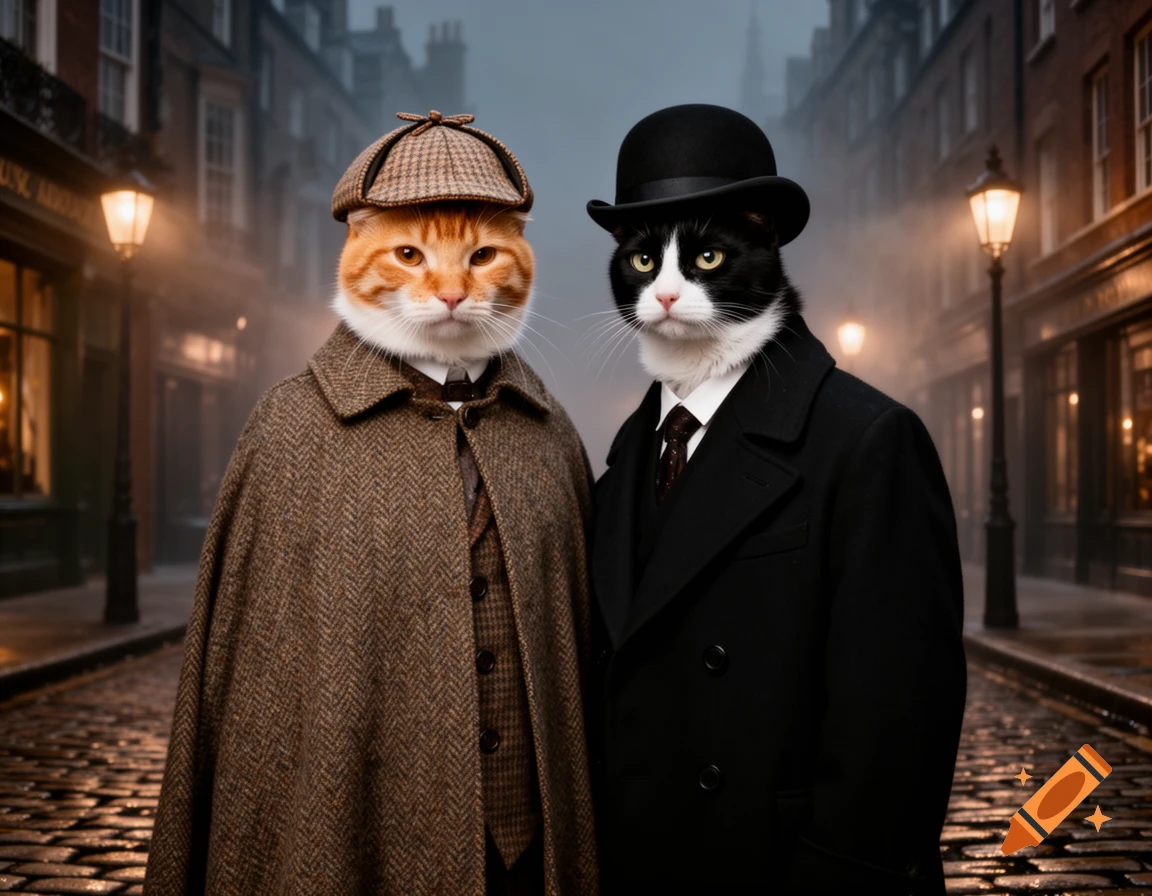 Two cats, one ginger in a deerstalker and cape, the other black and white in a bowler hat and coat, stand on a foggy Victorian street.