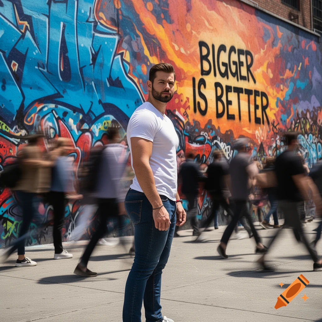 A man in jeans and a white t-shirt stands on a city sidewalk against a colorful graffiti wall with "BIGGER IS BETTER" text.