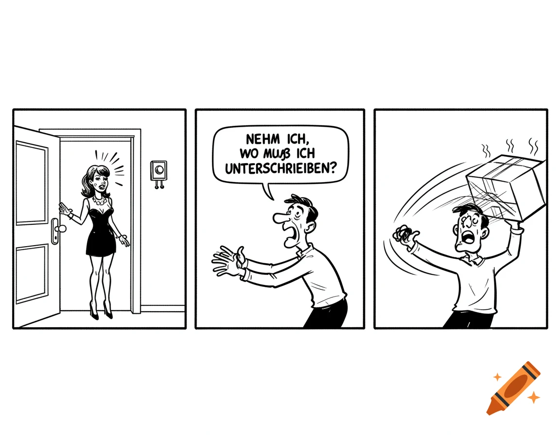 Black and white comic strip: A man opens the door to a woman in a black dress with a package. He asks where to sign. She hits him with the package.