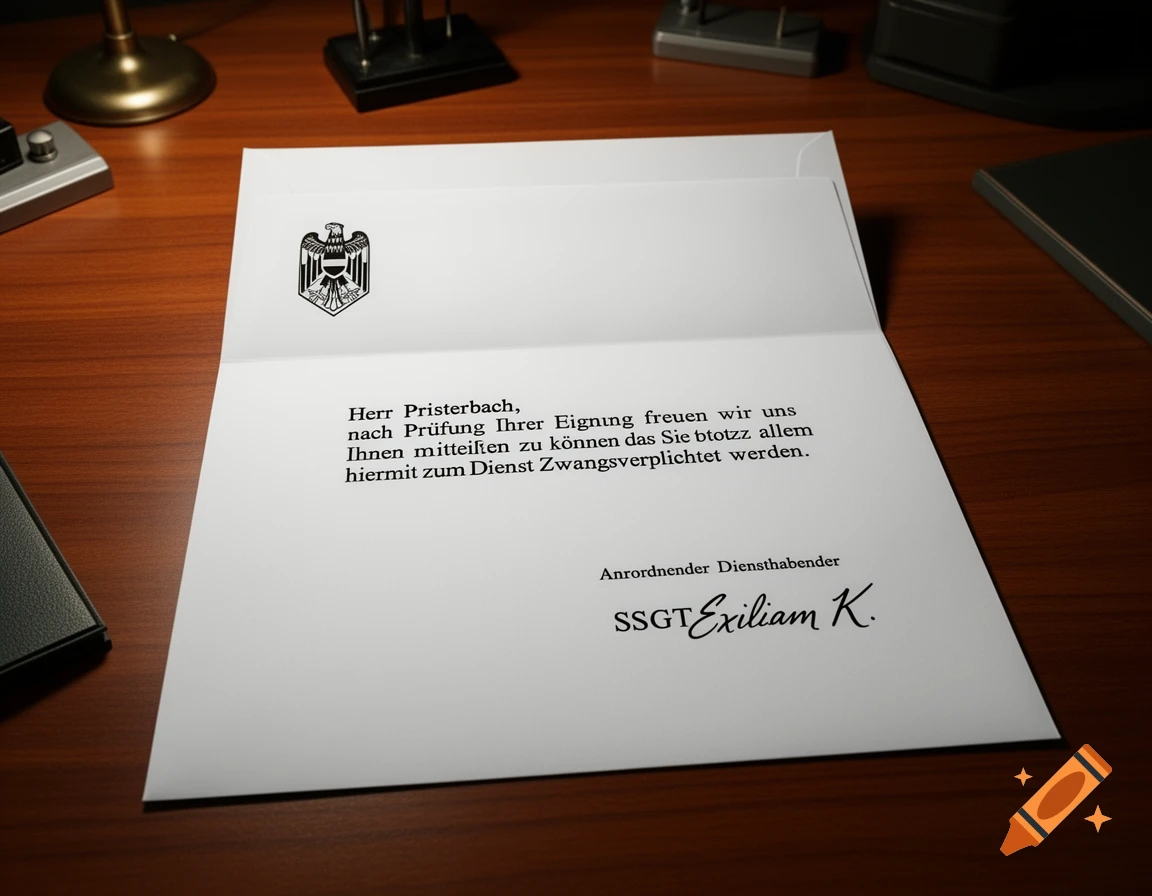 An open white letter with a German eagle emblem and text about military conscription, lying on a dark wooden desk with office items around it, in a realistic style.