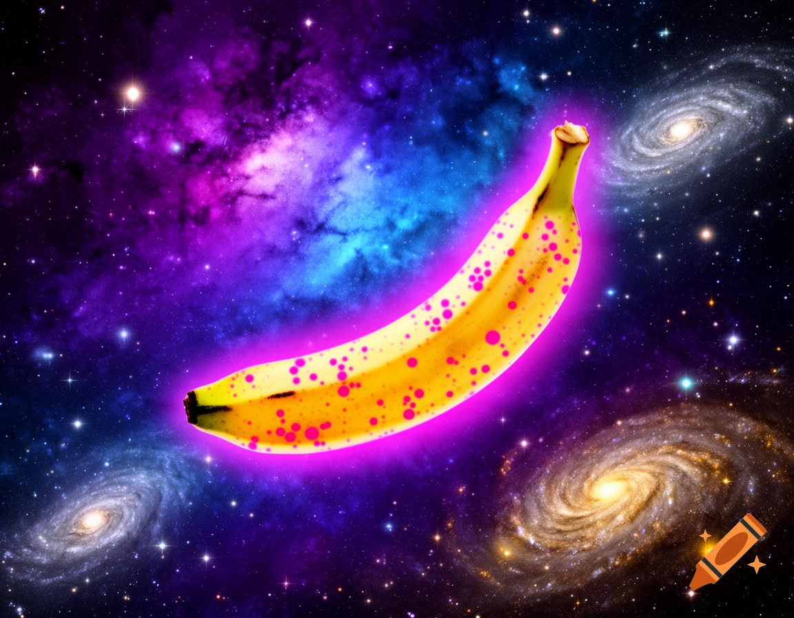 A pink-glowing yellow banana with pink spots floats in vibrant outer space with stars, nebulae, and spiral galaxies.