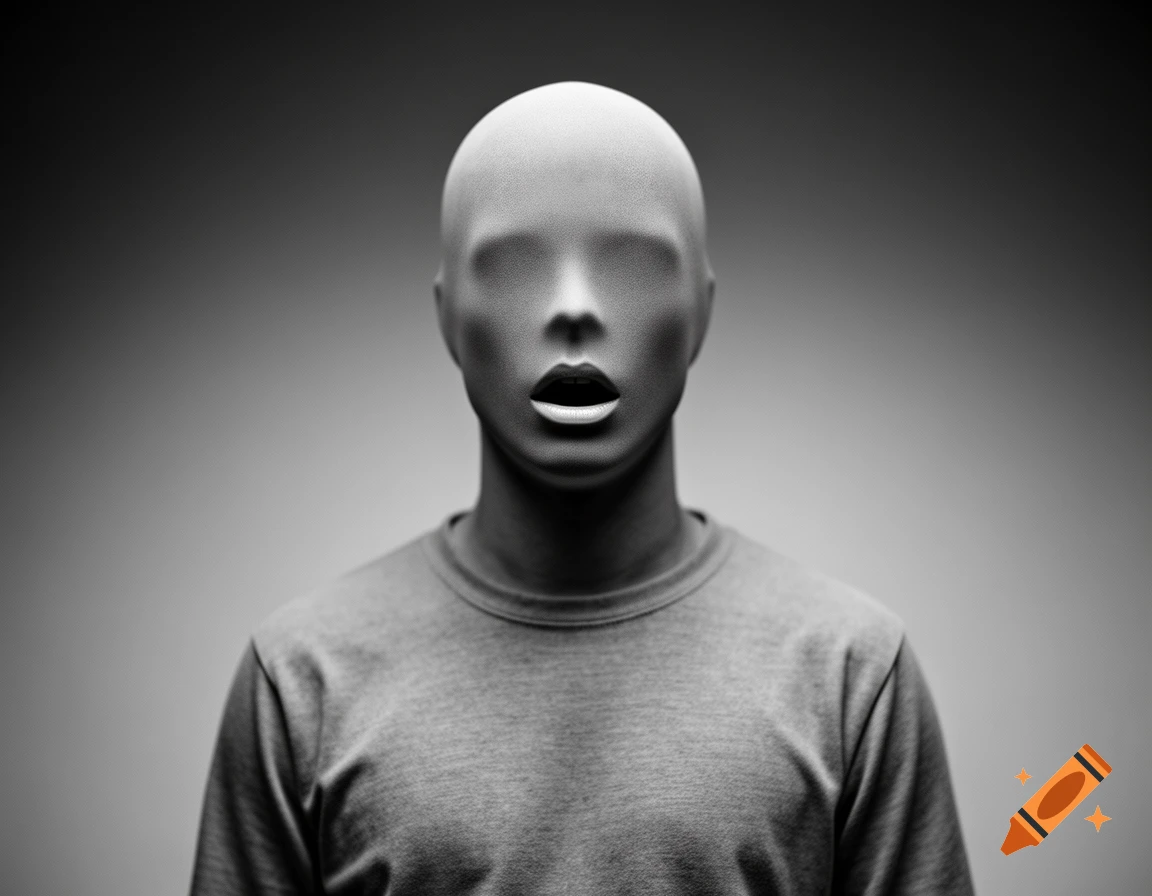 Monochrome close-up of a bald, faceless, mannequin-like figure with an open mouth, wearing a gray t-shirt.