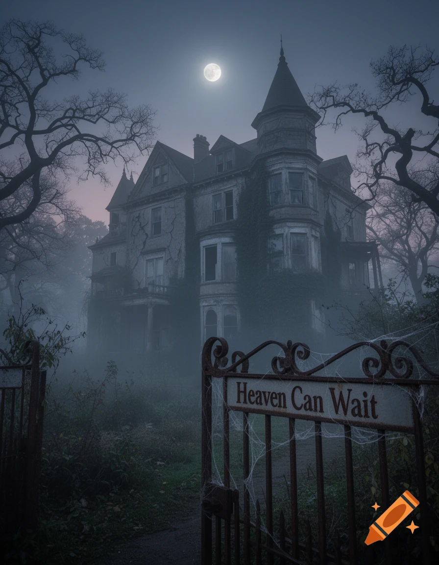 A spooky, fog-shrouded Victorian mansion stands under a full moon, viewed through a rusty gate with 'Heaven Can Wait' sign.