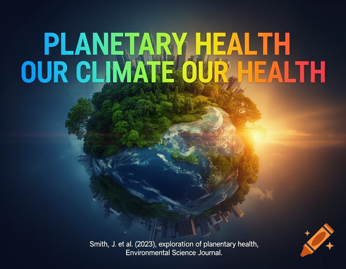 Stylized globe showing cities, forests, and oceans, set against a sunset, with the text "PLANETARY HEALTH OUR CLIMATE OUR HEALTH" above and a citation below.