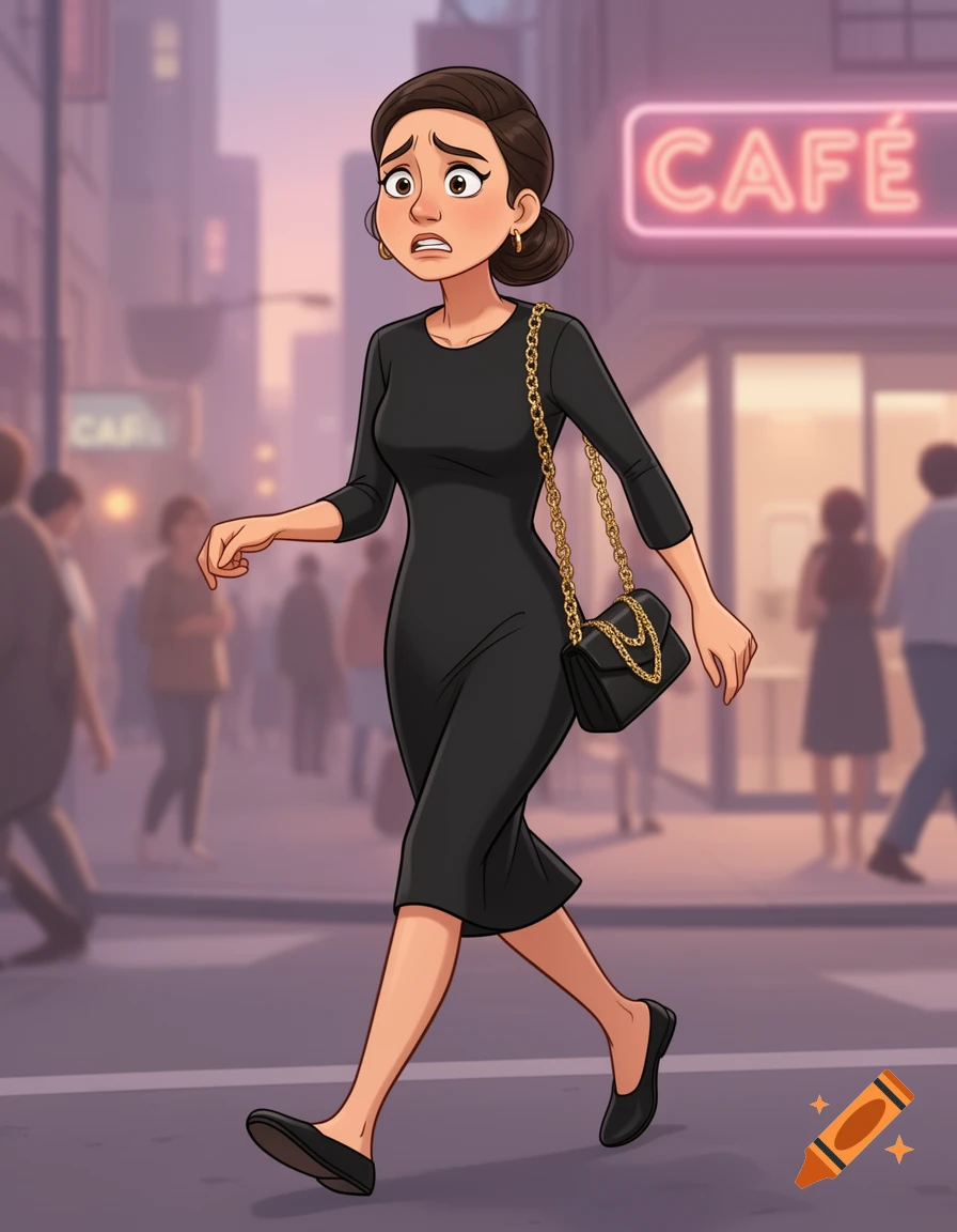 Cartoon woman in a black dress, carrying a black purse, walks on a city street with a worried expression.