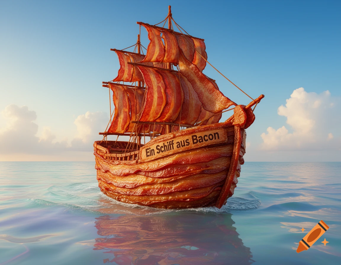 A whimsical ship with sails and hull made entirely of crispy bacon floats on calm, reflective blue water under a clear sky.