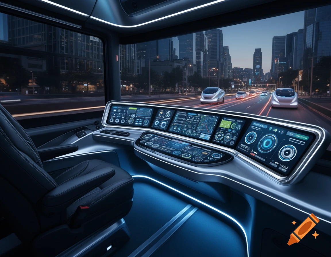 Futuristic bus cockpit with glowing blue screens and controls, overlooking a city street at dusk with autonomous vehicles.