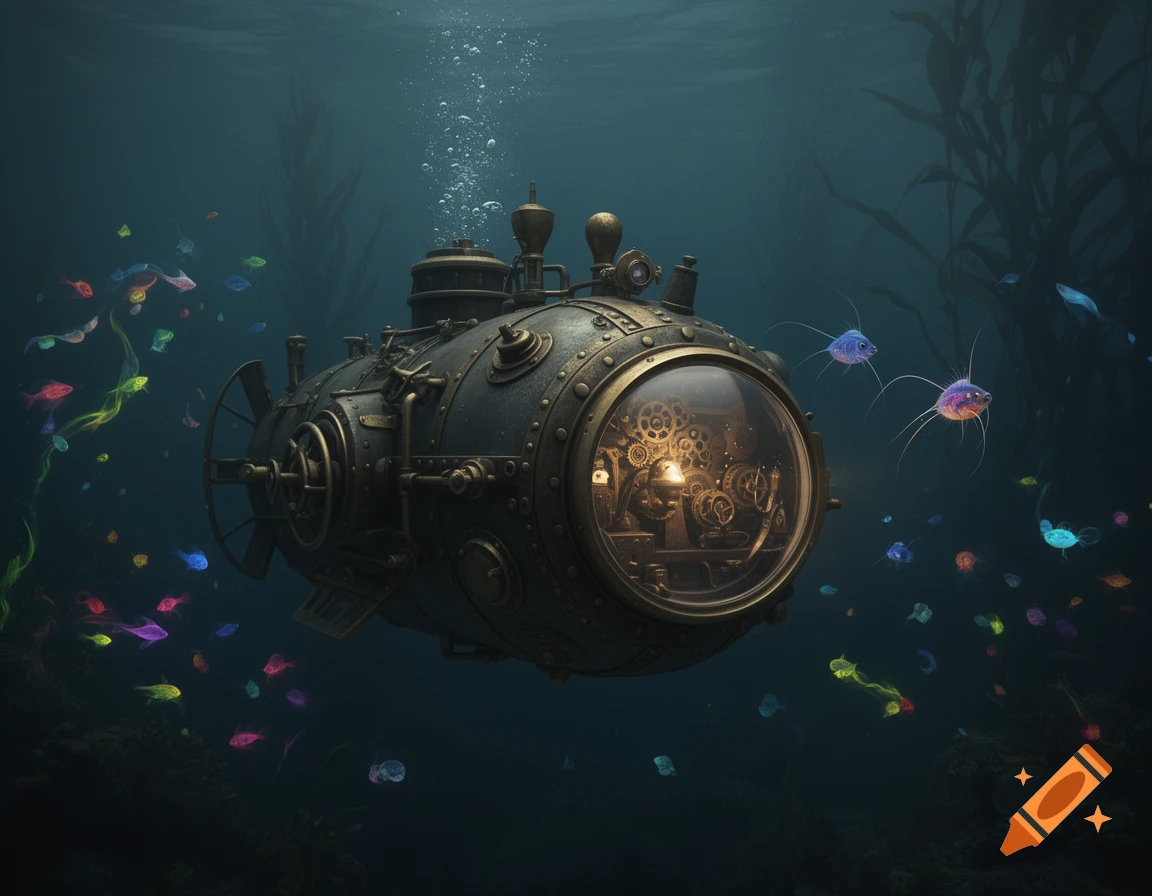 A detailed steampunk dwarf submarine glows underwater amidst vibrant, colorful fish and kelp.
