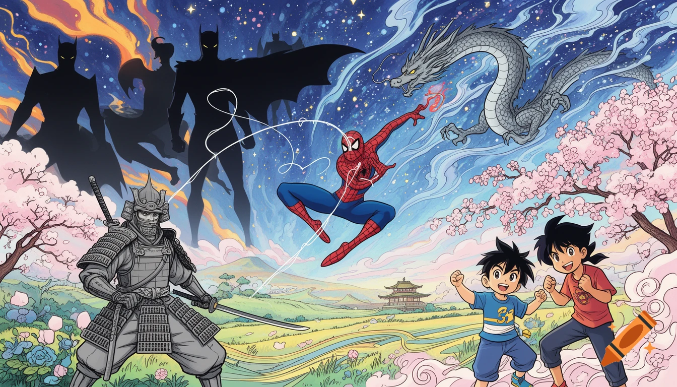 Vibrant comic art mural with Spider-Man, samurai, dragon, anime boys, and Batman silhouettes in a Japanese landscape.