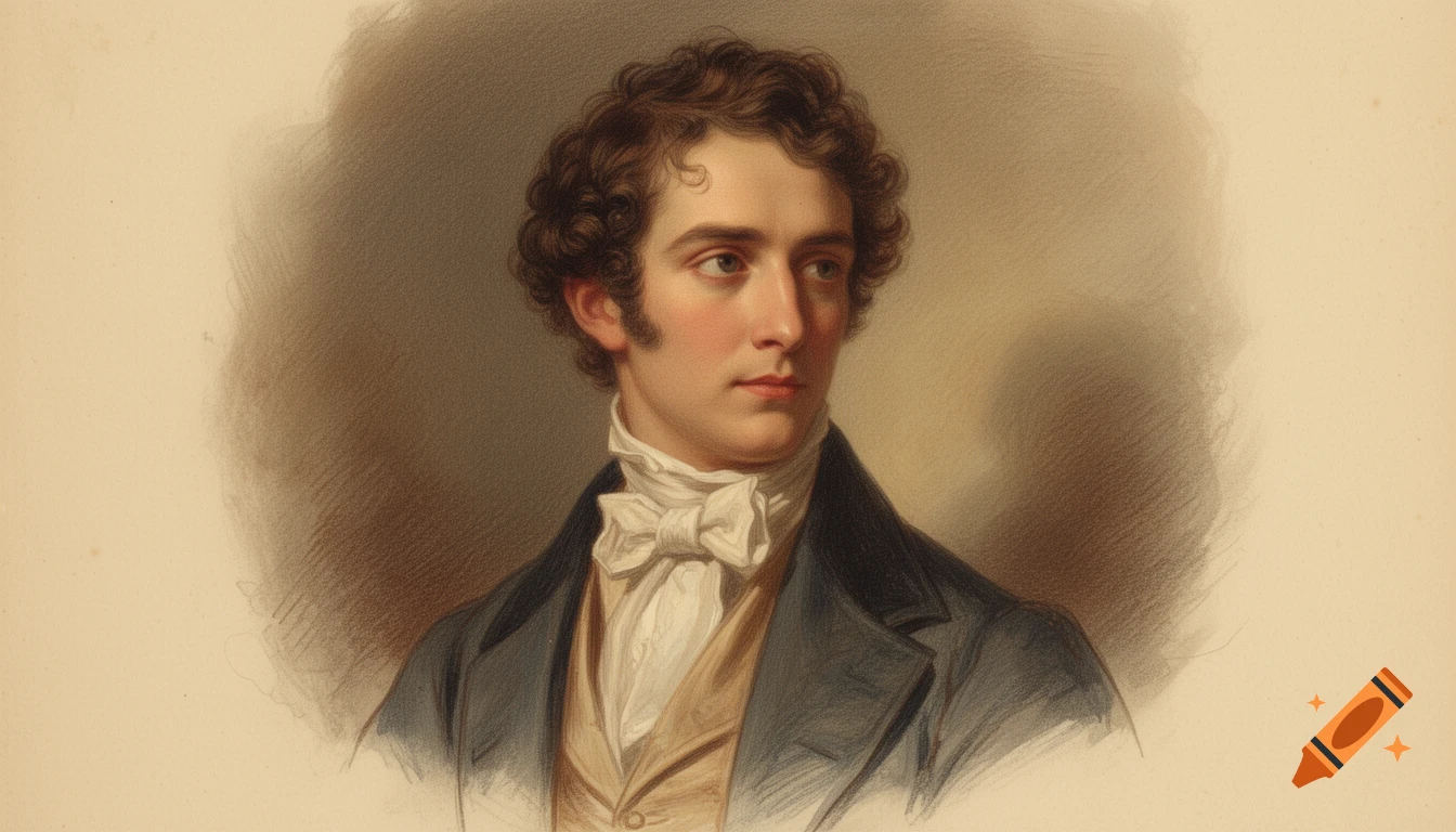 19th-century style illustration of a young man with curly hair and sideburns, wearing a white bow tie and dark jacket, looking right.