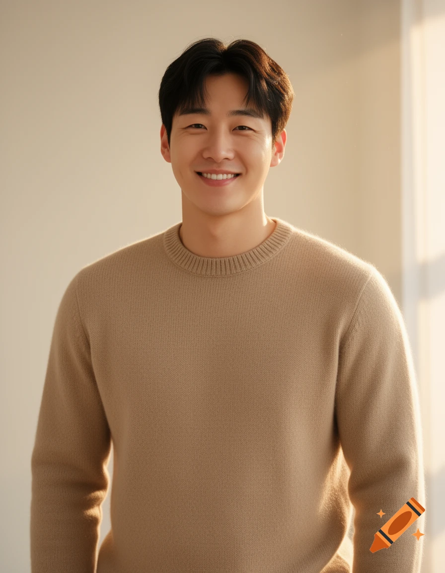 A smiling young Korean man in a beige sweater looks forward in a warm, sunlit setting.
