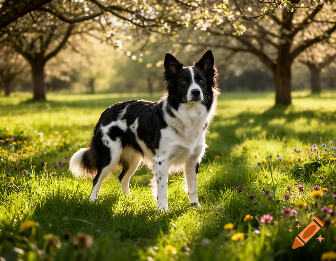 A black and white dog resembling a Border Collie stands in a sunlit grassy park with wildflowers and trees.