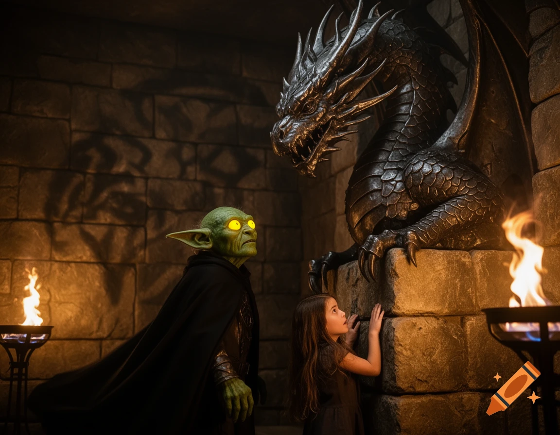 A short green-skinned goblin with glowing yellow eyes and a black cape stands before an iron dragon statue, with a scared young girl beside him in a torchlit stone room.