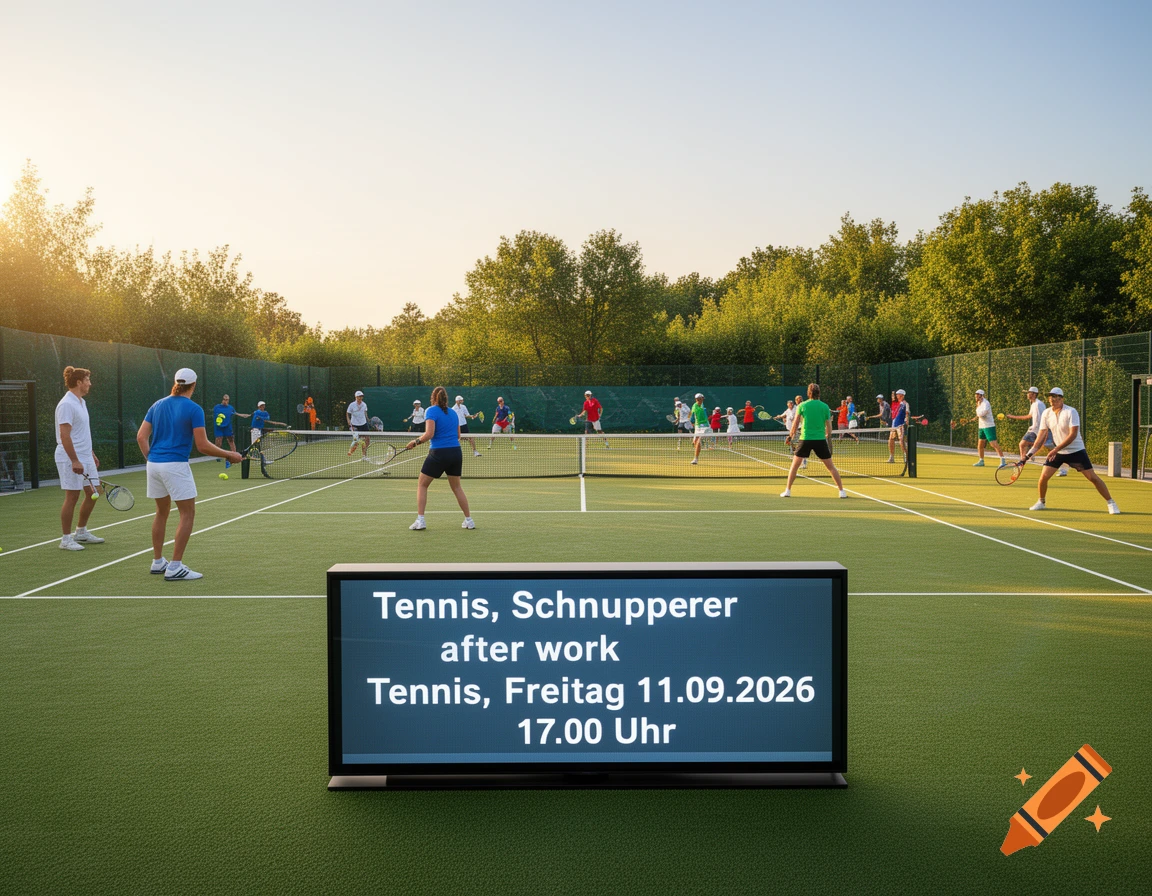 A group of people playing tennis on several courts at sunset, with a digital sign displaying event details in the foreground.