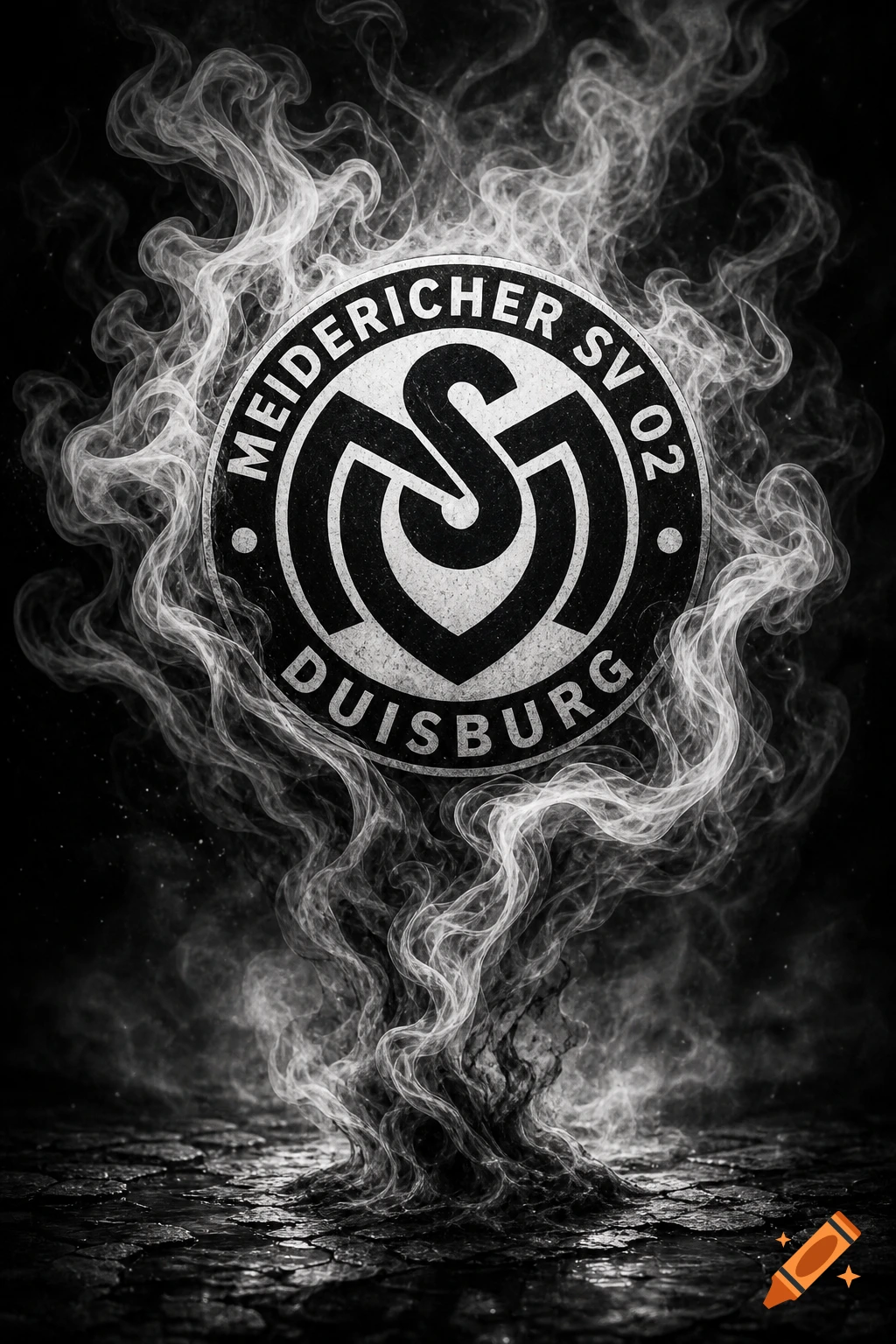 Black and white logo of MSV Duisburg surrounded by wisps of smoke rising from cracked ground.