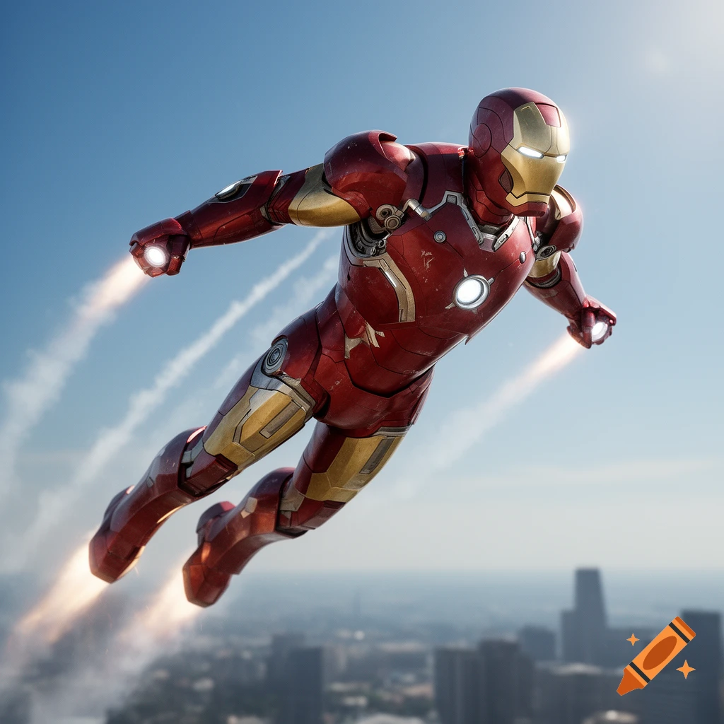 Iron Man in his red and gold suit flies heroically with propulsion flames from his hands and feet, above a blurred cityscape under a clear blue sky.