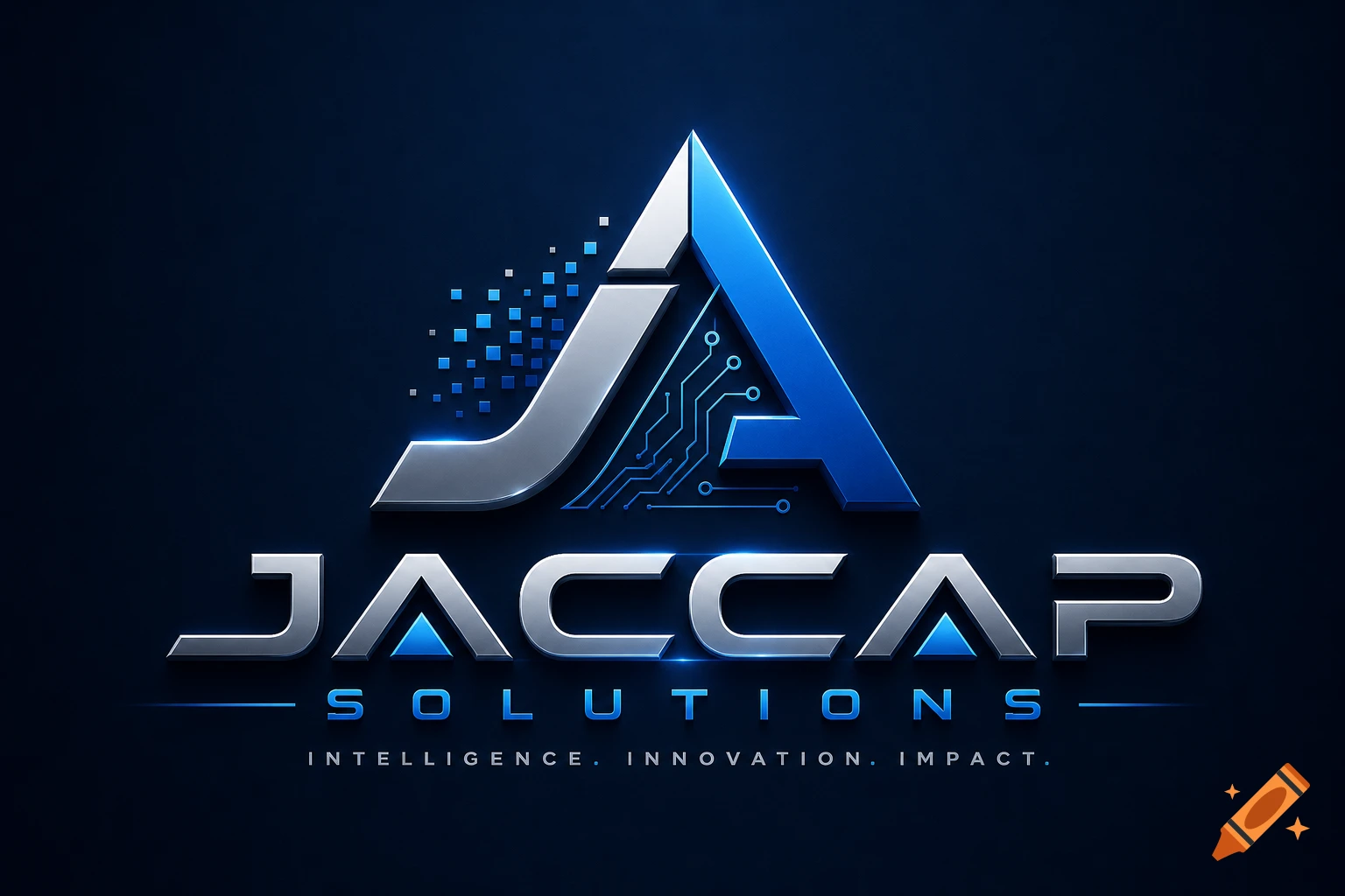 Modern metallic and blue logo with abstract shapes, text 'JACCAP SOLUTIONS' and 'INTELLIGENCE. INNOVATION. IMPACT.' on a dark background.