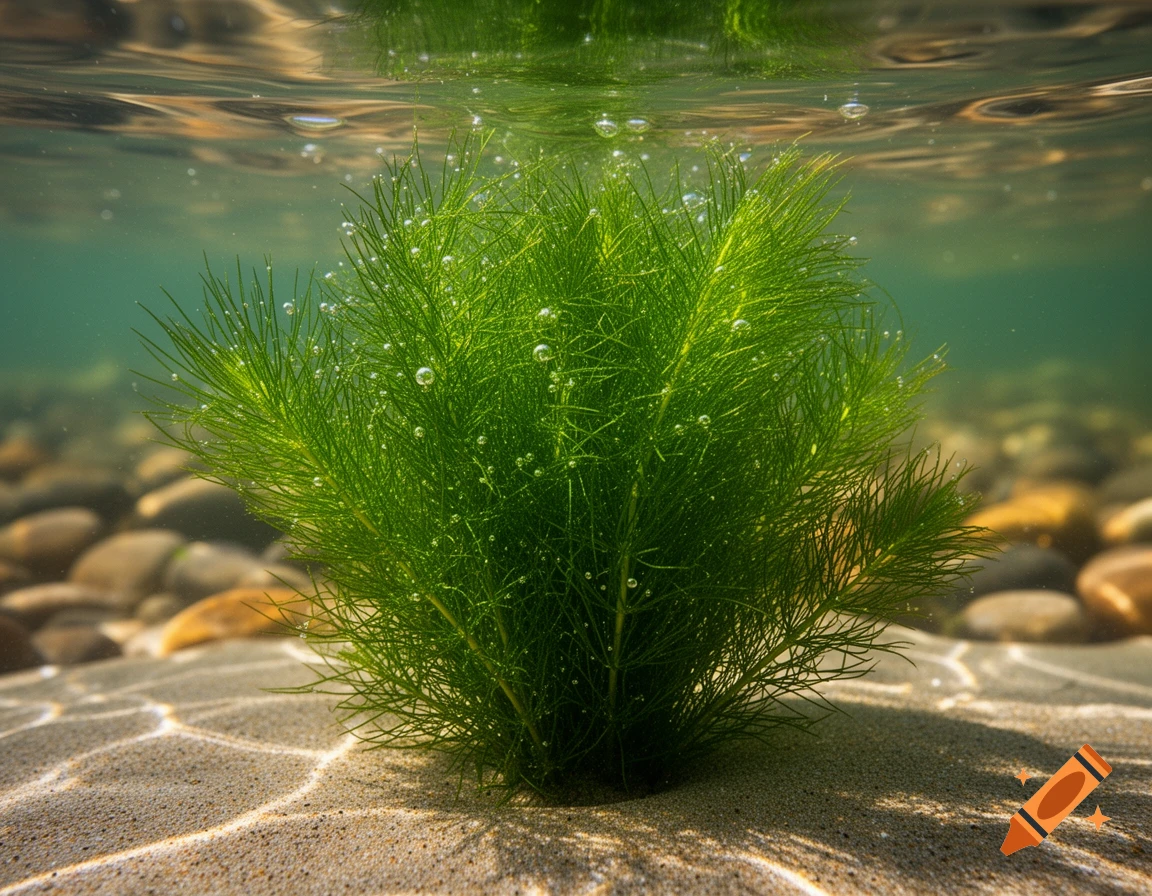 A lush bundle of green guppygrass growing on a sandy bottom underwater, with small bubbles and visible water surface.