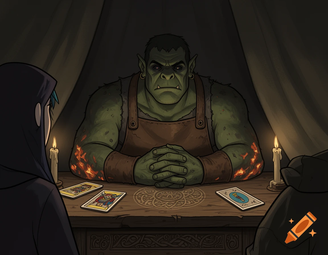 An illustrated orc blacksmith sits opposite a hooded fortune teller at a candlelit table with tarot cards.