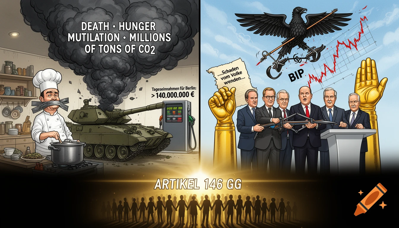 A political satire cartoon split into two scenes. On the left, a chef with taped mouth cooks a tank that emits smoke with words 'DEATH HUNGER MUTILATION MILLIONS OF TONS OF CO2'. A fuel pump shows 'Tageseinnahmen für Berlin: > 140.000.000 €'. On the right, politicians aim a crossbow at an eagle as a stock chart crashes, with a golden hand holding a torn charter 'Schaden vom Volke wenden...' and 'BIP' text. Below, silhouettes of people hold hands with 'ARTIKEL 146 GG' glowing above them. The styl...