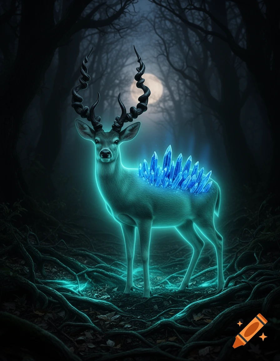 A glowing aqua deer with elaborate spiraled horns and blue crystals on its back stands in a dark, mystical forest under a full moon.