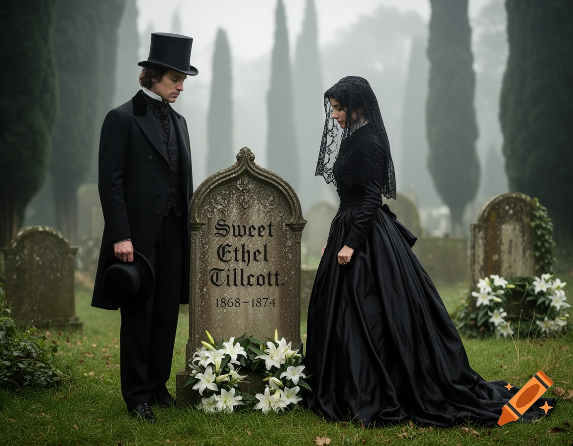 A Victorian man and woman in black mourning attire stand solemnly before a gravestone in a misty cemetery.
