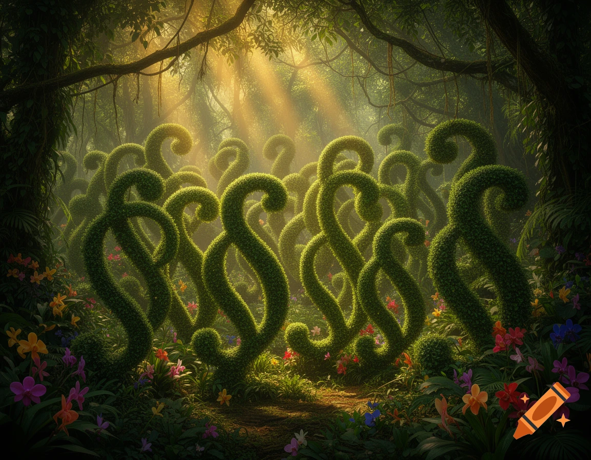 Lush, sunlit jungle filled with numerous, giant green paragraph symbols formed from dense foliage and flowers.