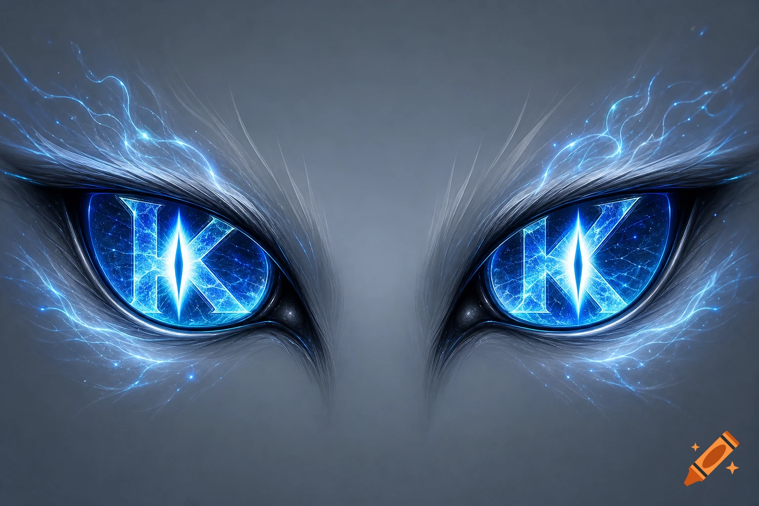 Stylized glowing blue cat's eyes with a 'K' in each iris, surrounded by electrical energy on a gray background.