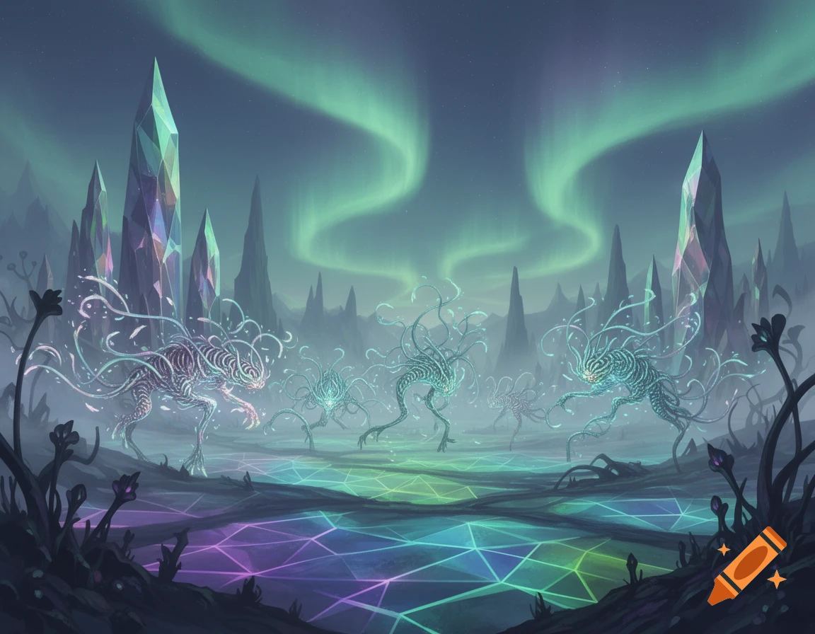 Neuron-like alien creatures in a vibrant otherworldly landscape with towering crystals, glowing geometric ground, and green aurora. Digital art.