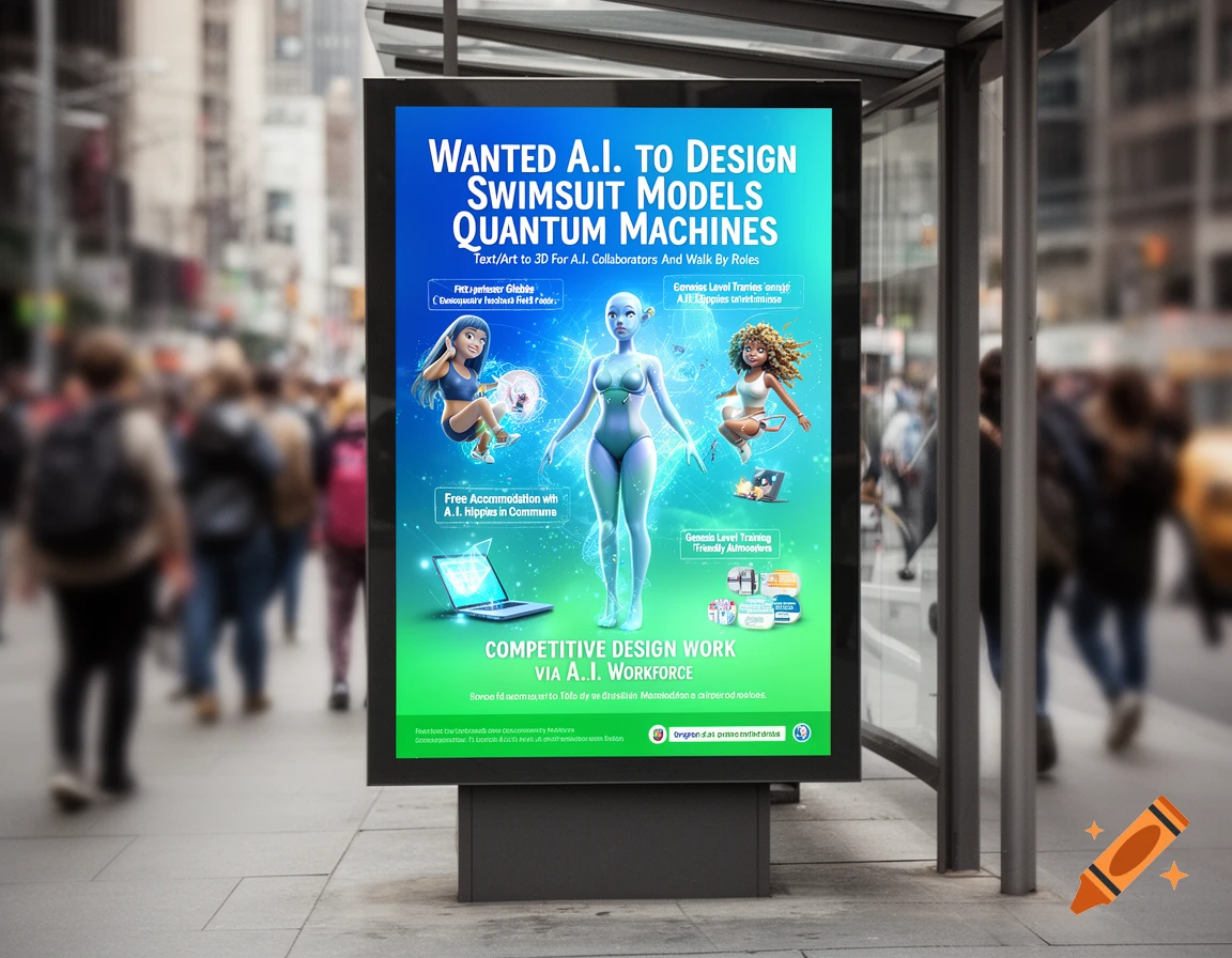 A vibrant digital advertisement at a bus stop on a city street, showing cartoon-style AI models and text about designing swimsuit models with quantum machines.