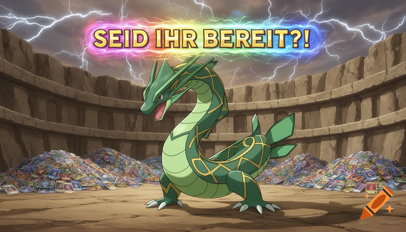 Anime illustration of Rayquaza in a stone arena filled with Pokemon cards under a lightning storm. Text "SEID IHR BEREIT?!"