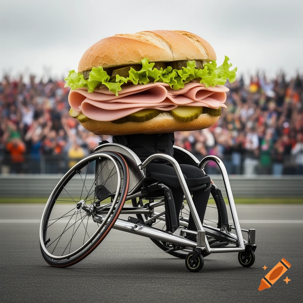 A person with a large ham and pickle sandwich for a head sits in a racing wheelchair on a track, with a blurred crowd in the background.