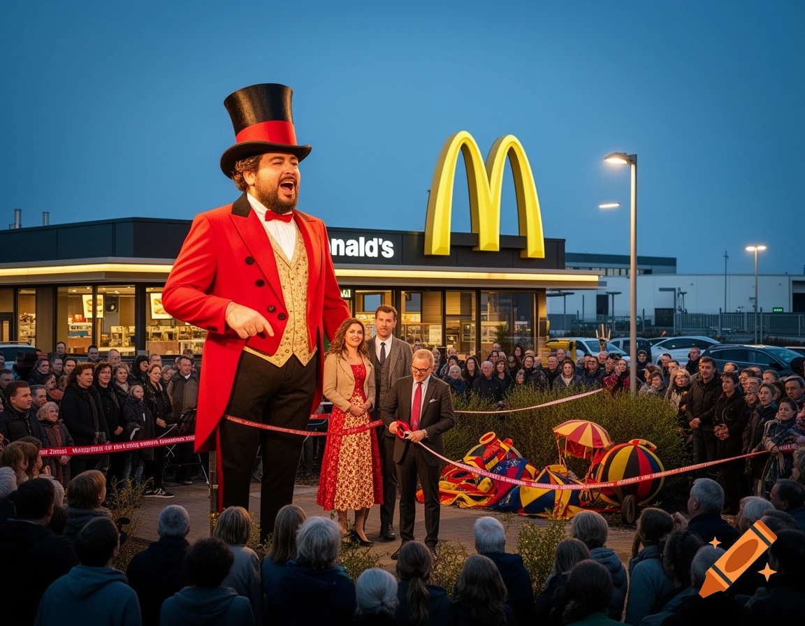 A giant ringmaster in a red coat and top hat stands before a McDonald's, observing a crowd at a ribbon-cutting ceremony.