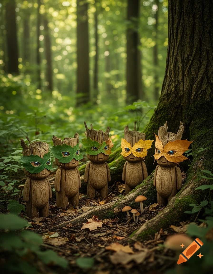 Five small, carved wooden figures wearing leaf masks stand in a sunlit forest by a tree trunk.