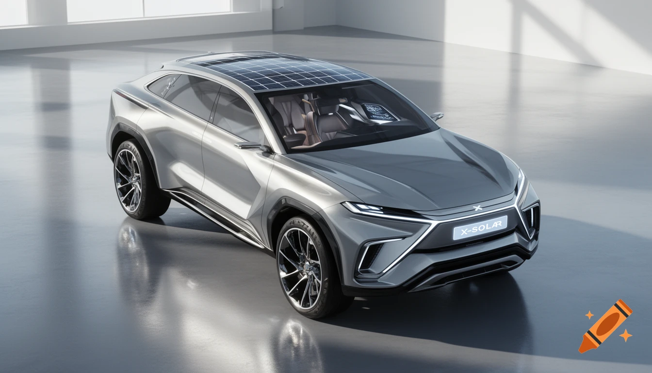 A sleek silver X-SOLAR concept SUV with solar panels on its roof, parked on a reflective floor in a modern, brightly lit showroom.