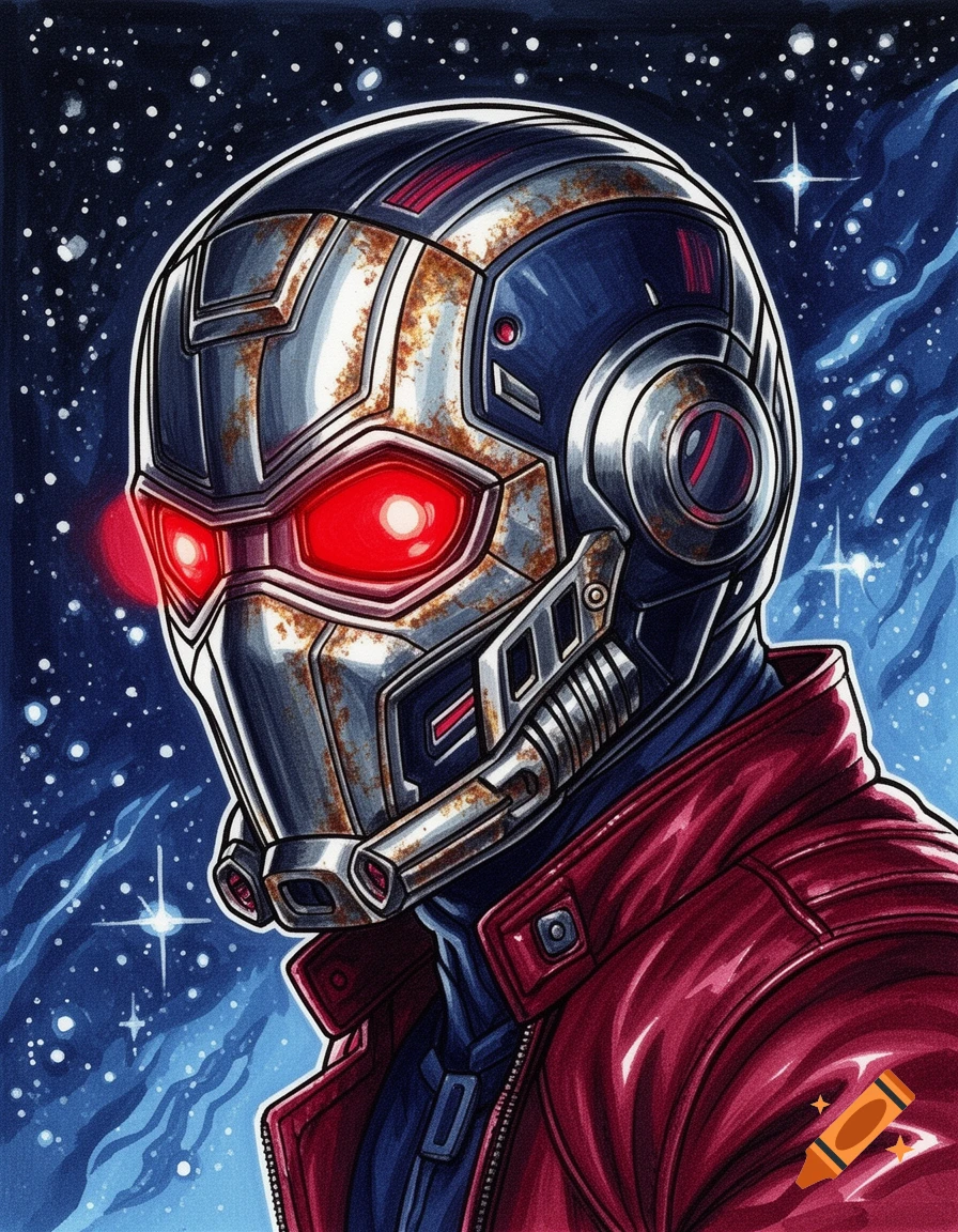 Star-Lord in his metallic mask with red glowing eyes and a red jacket against a starry blue space background, marker art style.