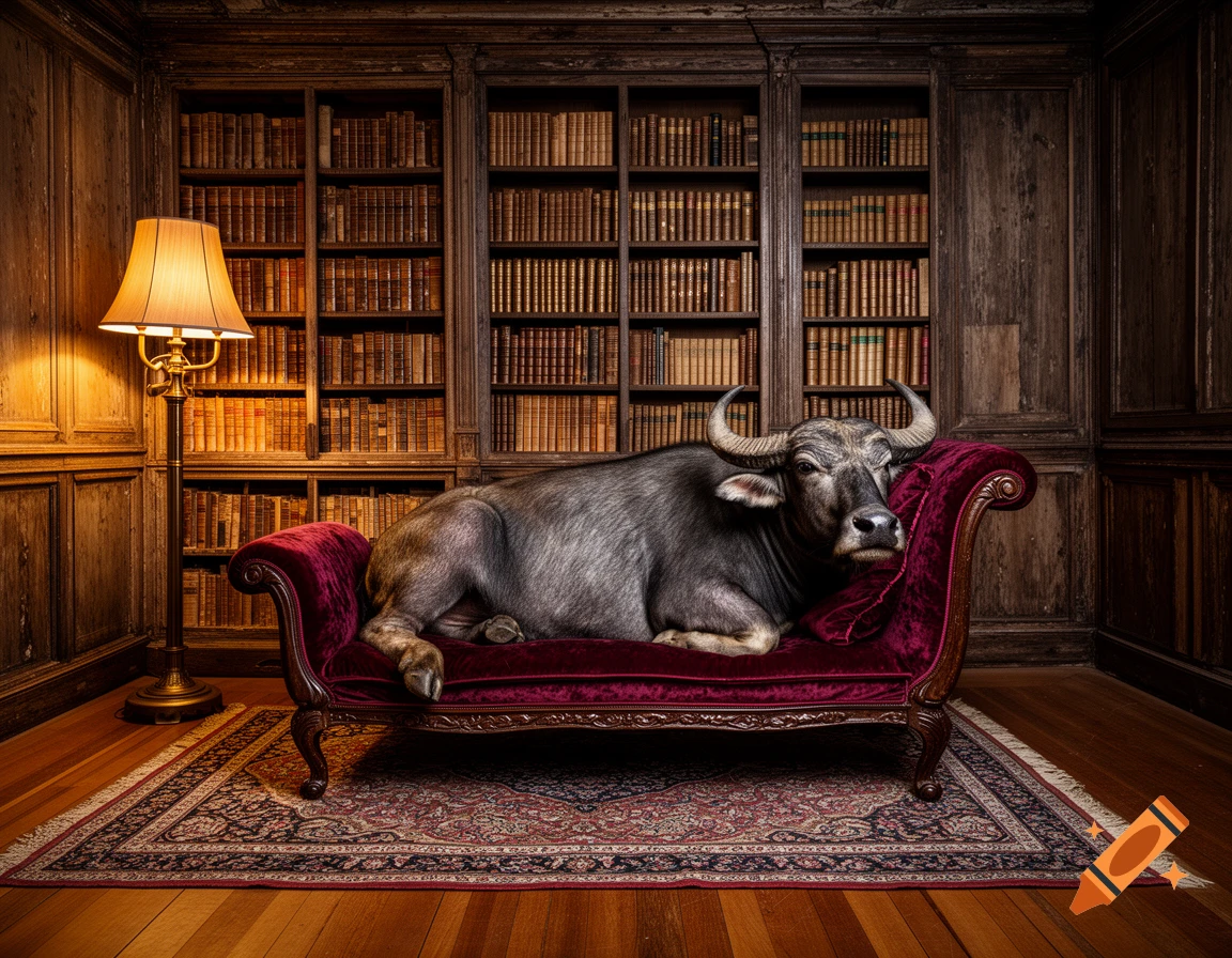A photorealistic water buffalo reclines on a red velvet chaise lounge in a grand library filled with books, lit by a floor lamp.