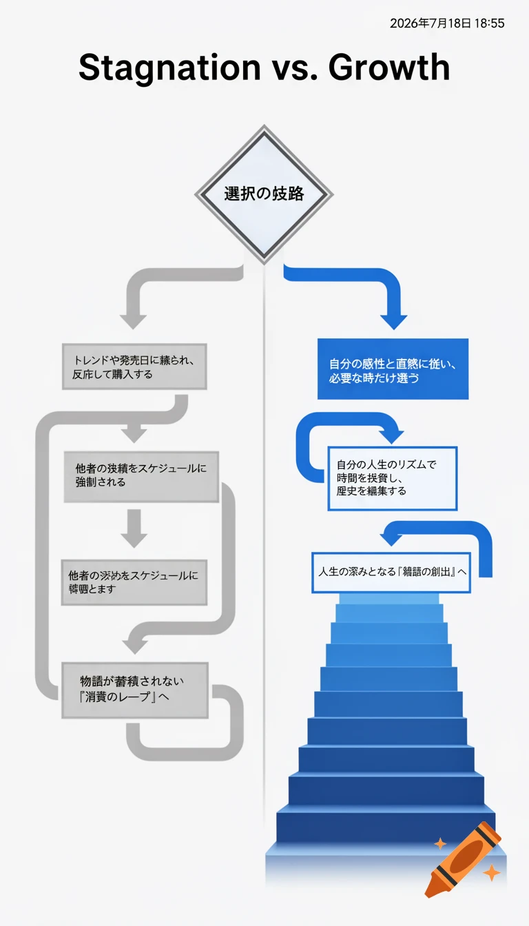 An infographic titled "Stagnation vs. Growth" showing two paths. The left, in gray, depicts a loop of consumption leading to stagnation. The right, in blue, shows an ascending staircase representing growth and creating one's own narrative. A timestamp "2026年7月18日 18:55" is in the top right.