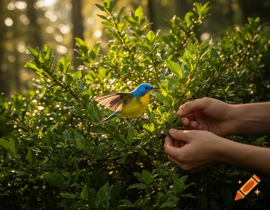 A small blue and yellow bird perches on a leafy green bush as human hands gently interact with the leaves, bathed in warm sunlight.