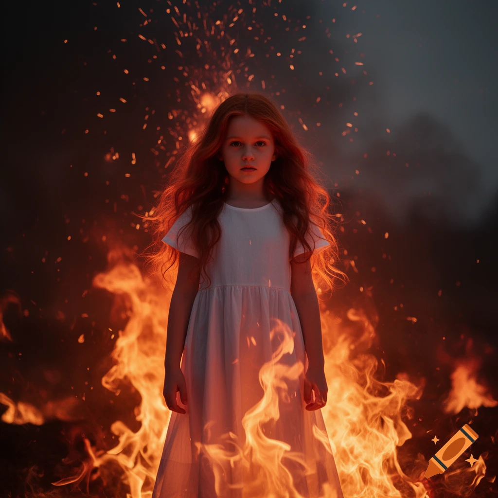 A young girl with long red hair stands in a white dress surrounded by a vibrant inferno, with sparks flying upwards against a dark background.