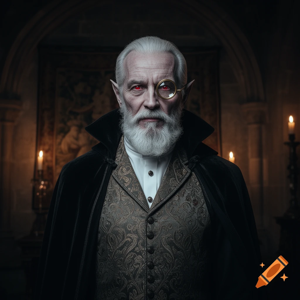 Photorealistic portrait of an older, white-bearded vampire with red eyes and a monocle, wearing a cape in a dark, gothic setting.